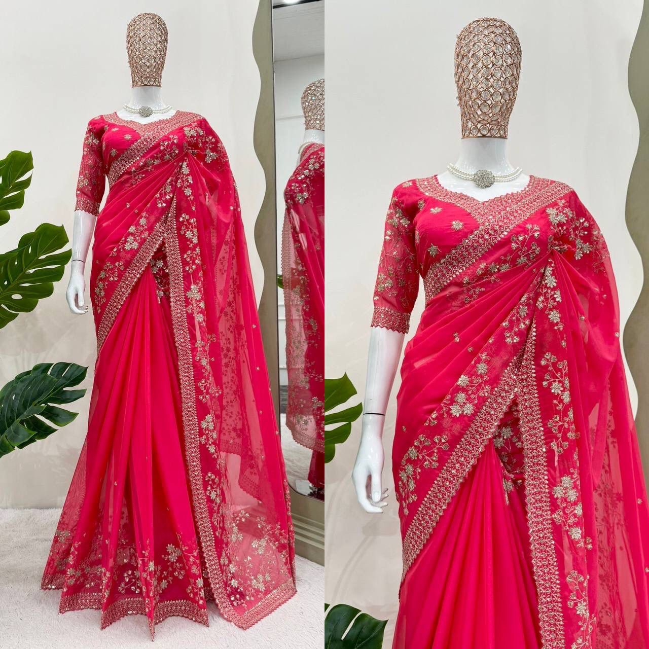 Red Pure Rangoli Fabric Saree with Embroidery & Zari Work