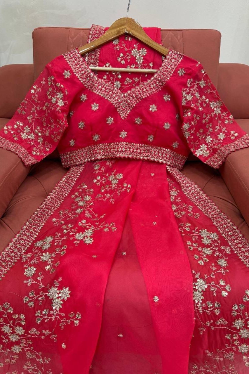 Red Pure Rangoli Fabric Saree with Embroidery & Zari Work