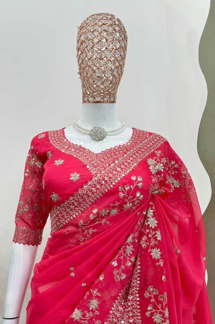 Red Pure Rangoli Fabric Saree with Embroidery & Zari Work