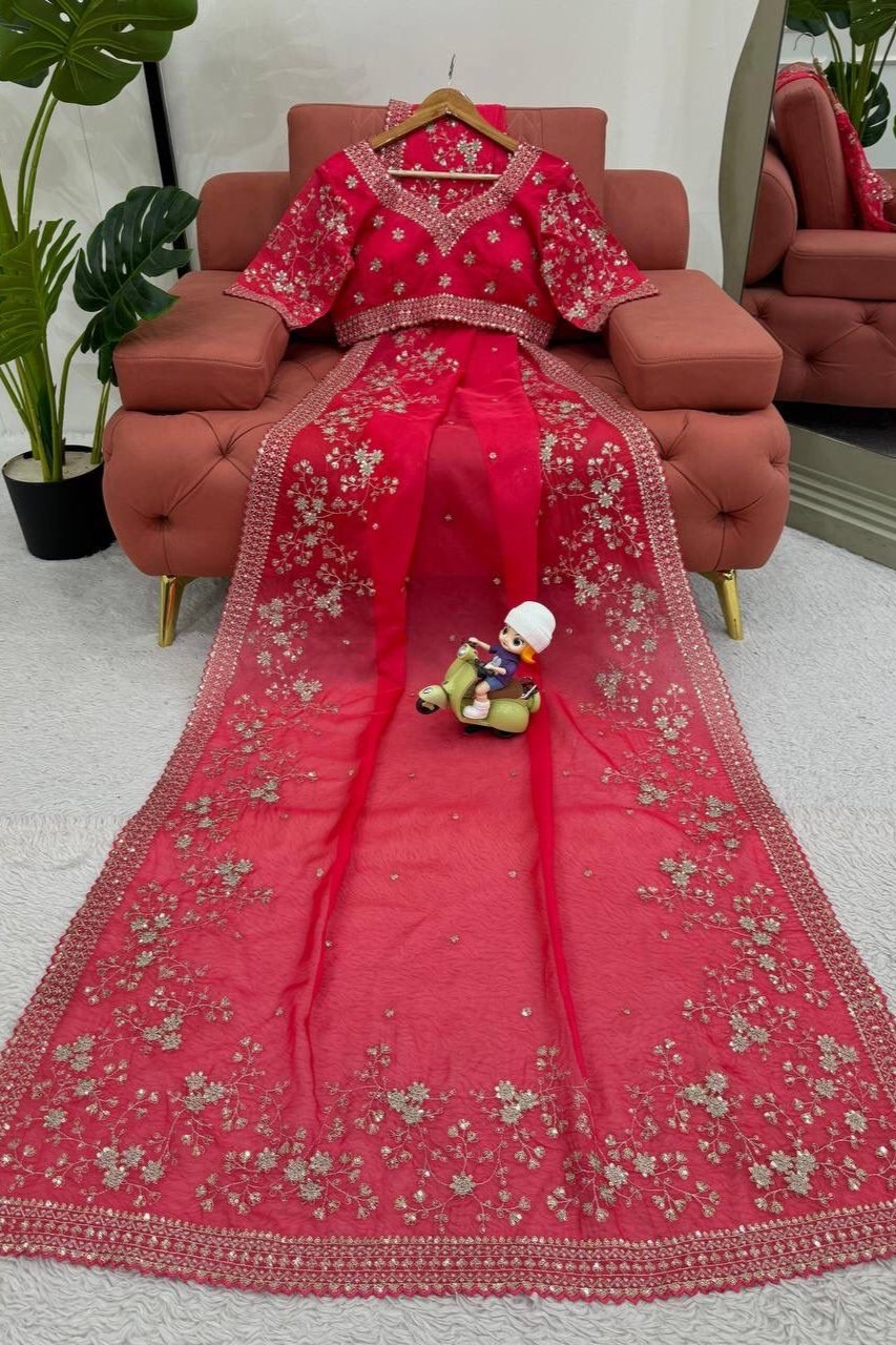 Red Pure Rangoli Fabric Saree with Embroidery & Zari Work