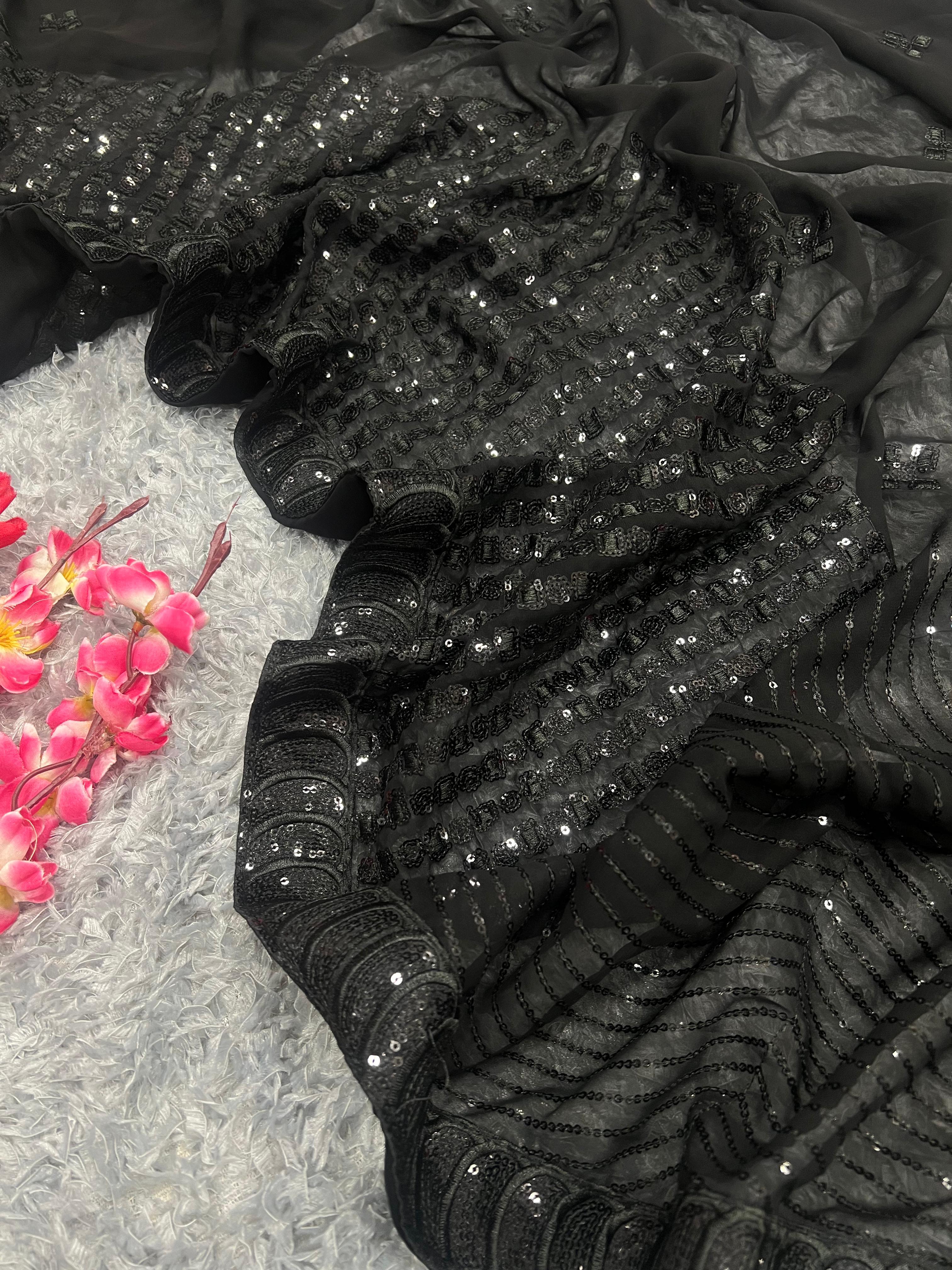 Elegance Black Saree with Sequins Embroidery and Lace Border