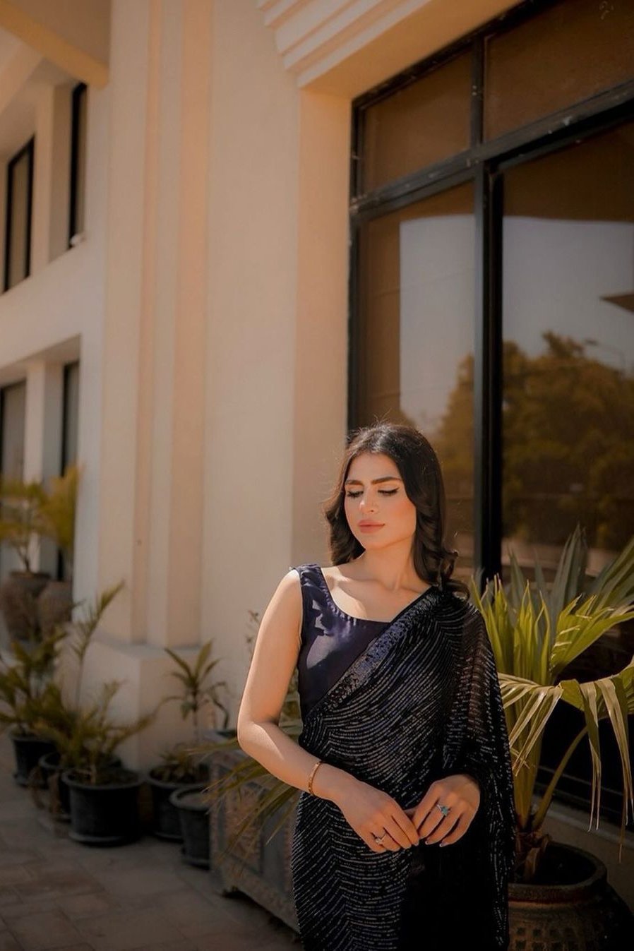 Elegance Black Saree with Sequins Embroidery and Lace Border