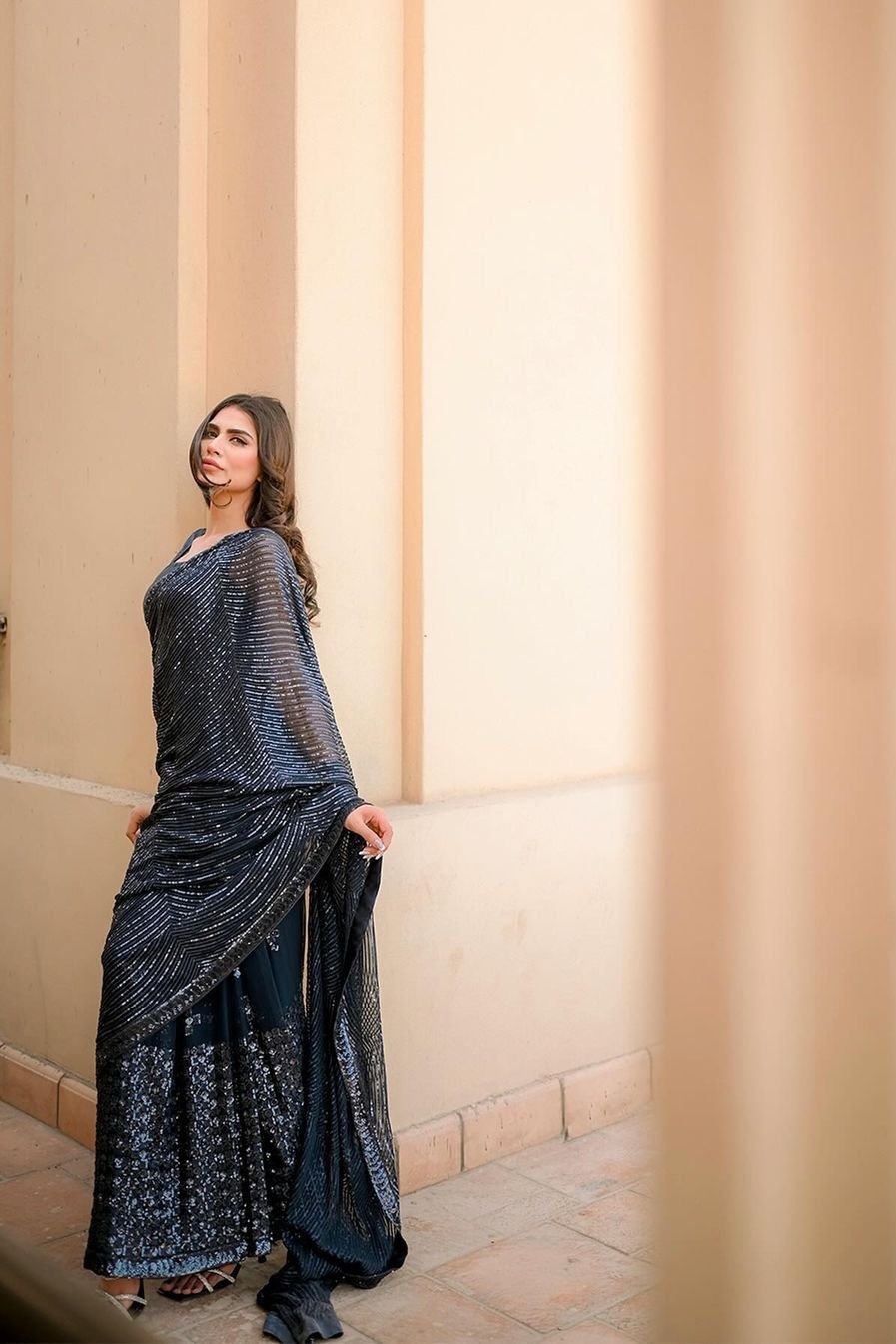 Elegance Black Saree with Sequins Embroidery and Lace Border