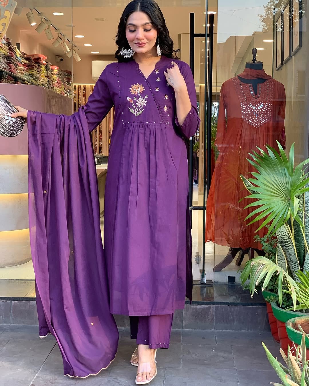 Purple Embroidered Cotton Kurti Pant Dupatta Set