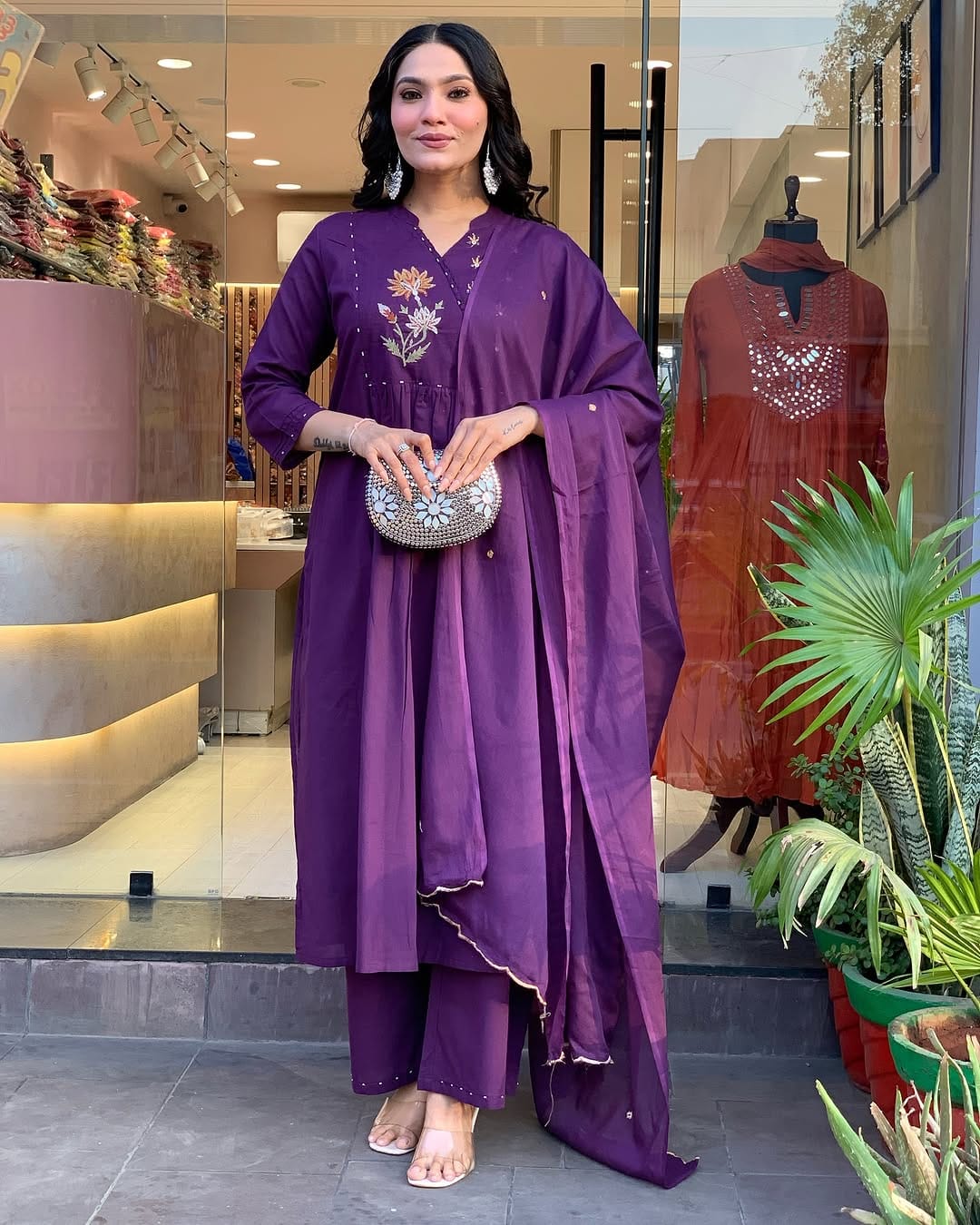 Purple Embroidered Cotton Kurti Pant Dupatta Set