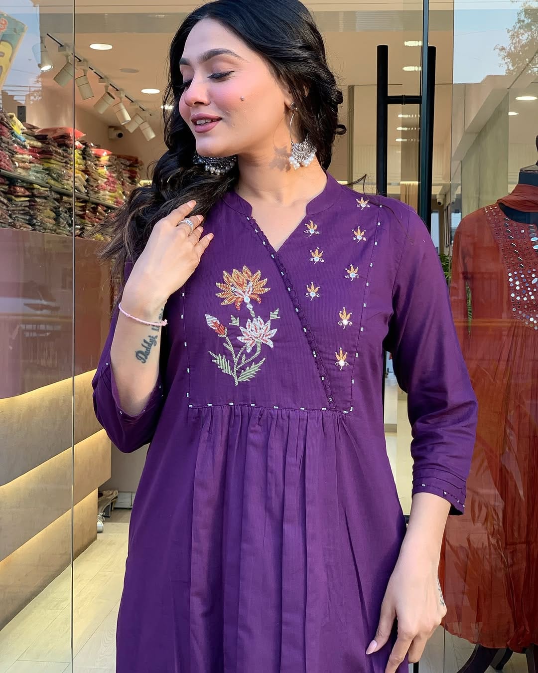 Purple Embroidered Cotton Kurti Pant Dupatta Set
