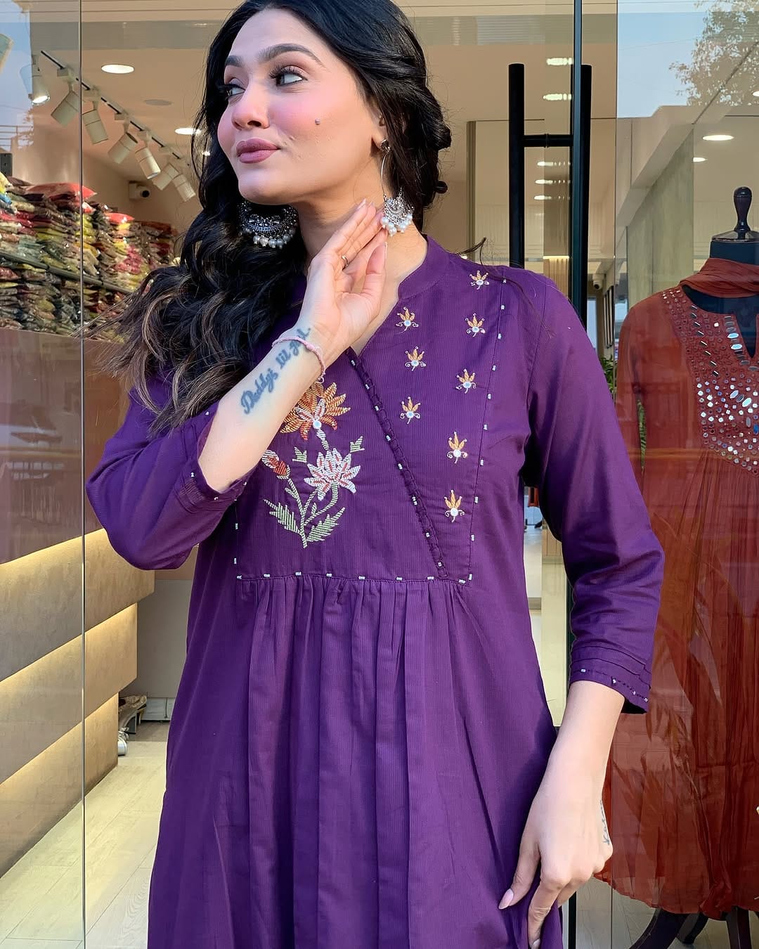 Purple Embroidered Cotton Kurti Pant Dupatta Set