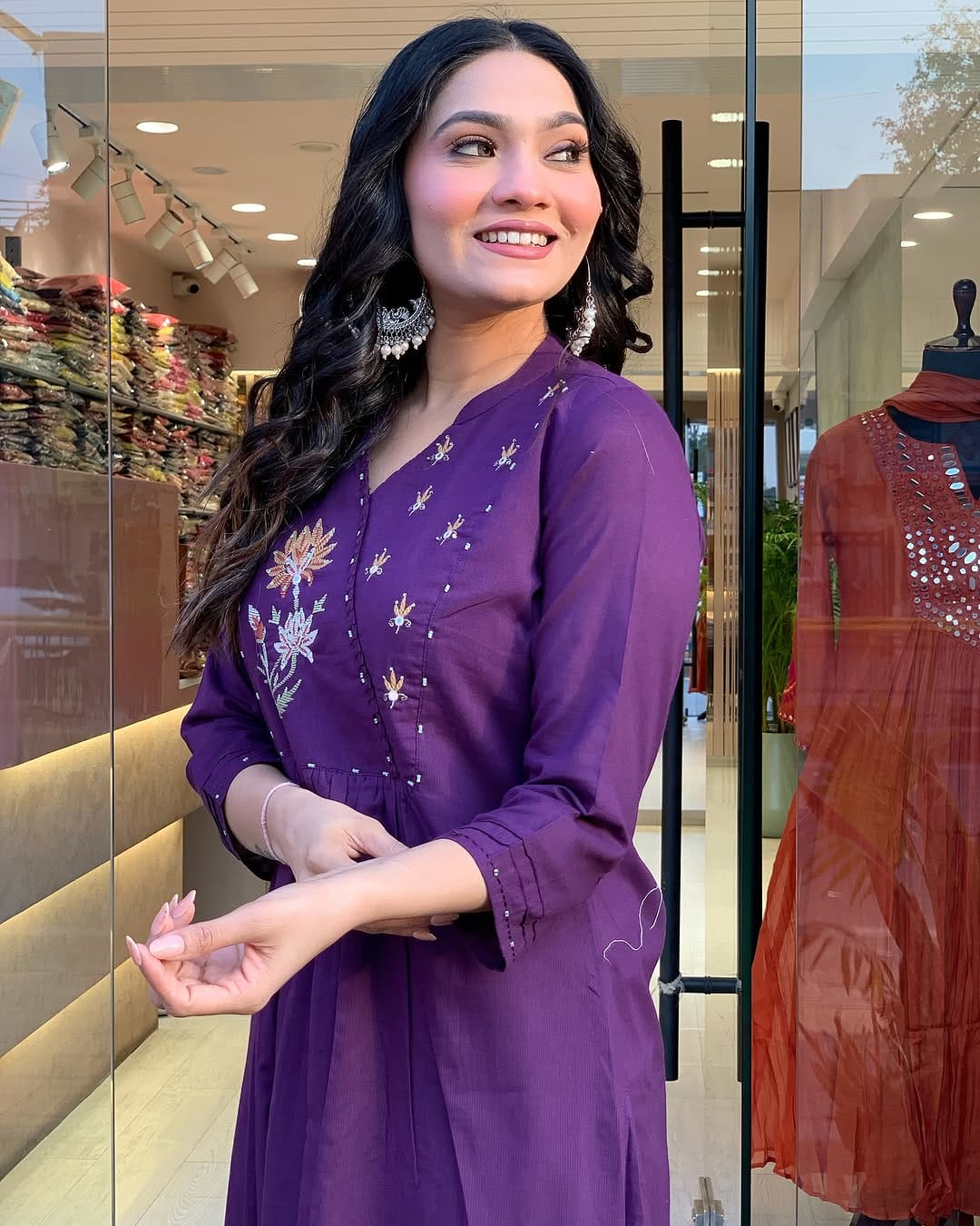 Purple Embroidered Cotton Kurti Pant Dupatta Set