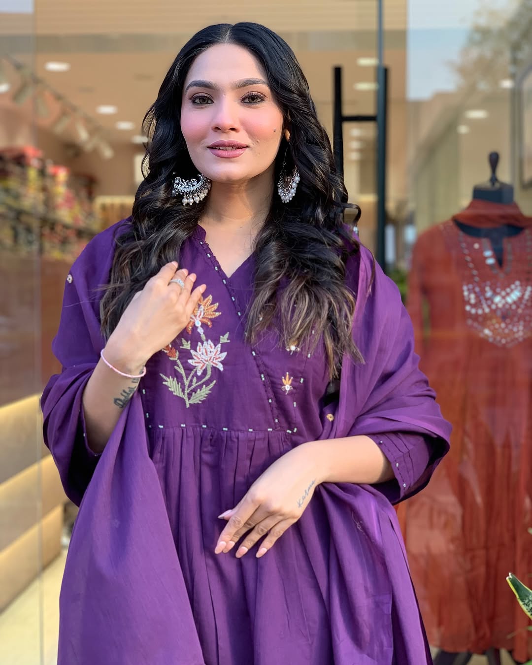 Purple Embroidered Cotton Kurti Pant Dupatta Set