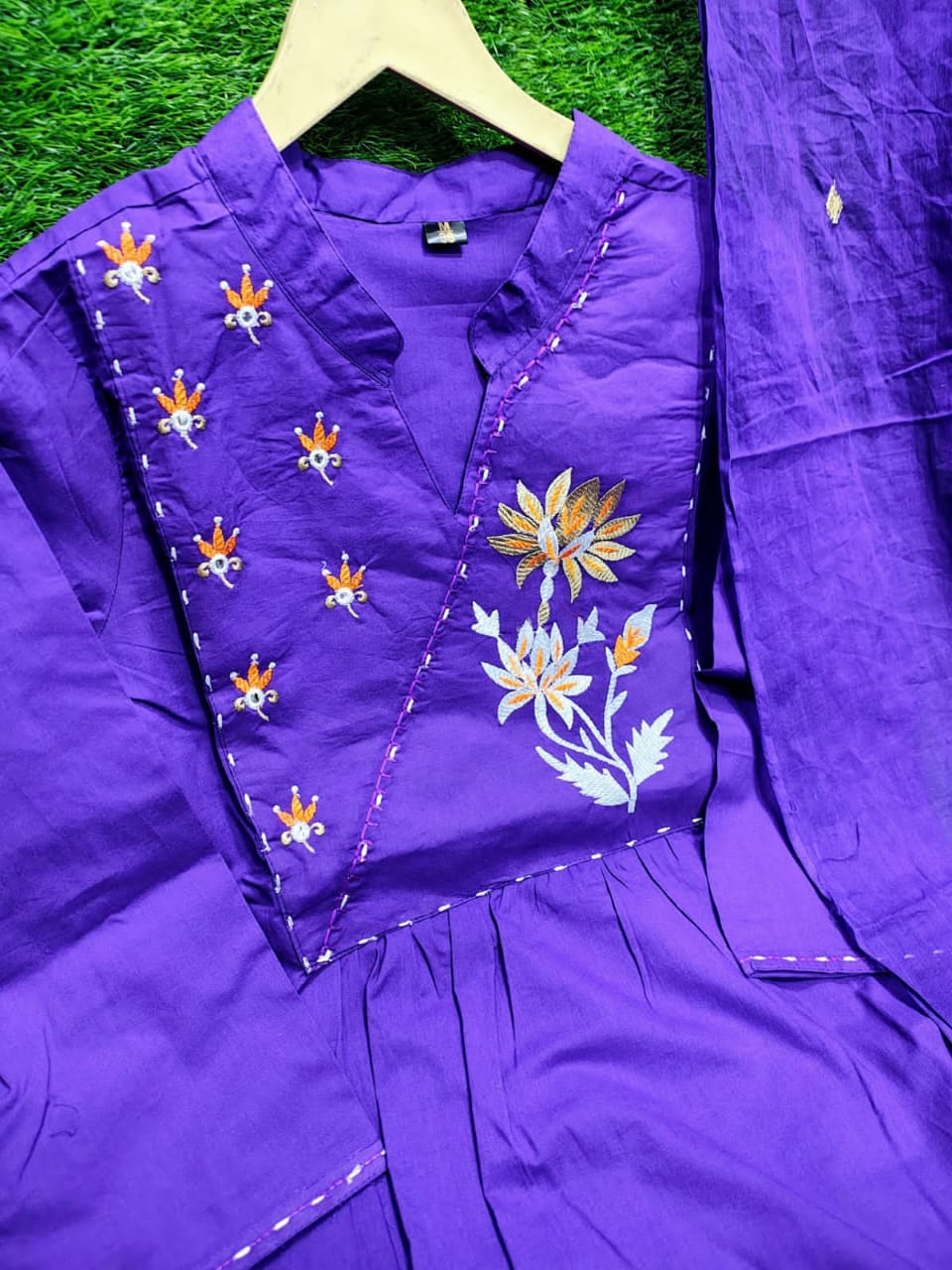 Purple Embroidered Cotton Kurti Pant Dupatta Set