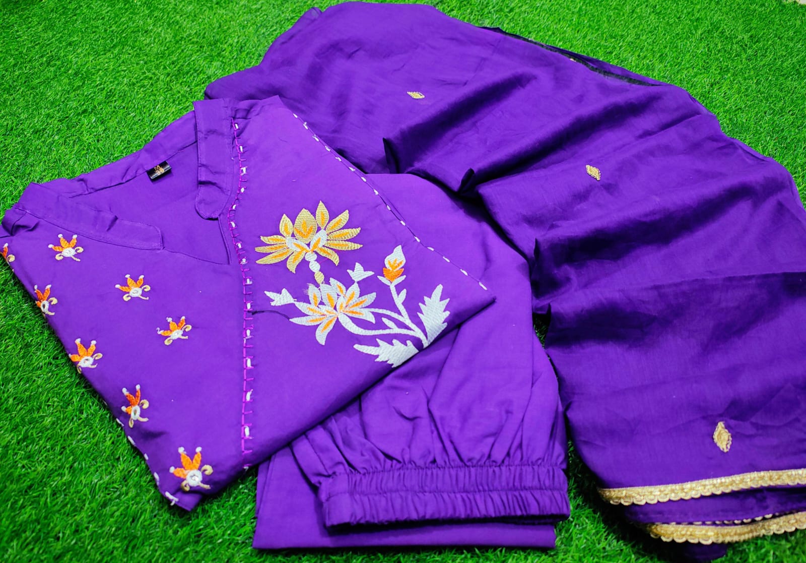 Purple Embroidered Cotton Kurti Pant Dupatta Set