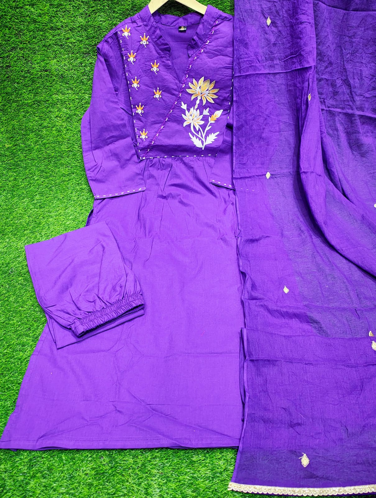 Purple Embroidered Cotton Kurti Pant Dupatta Set