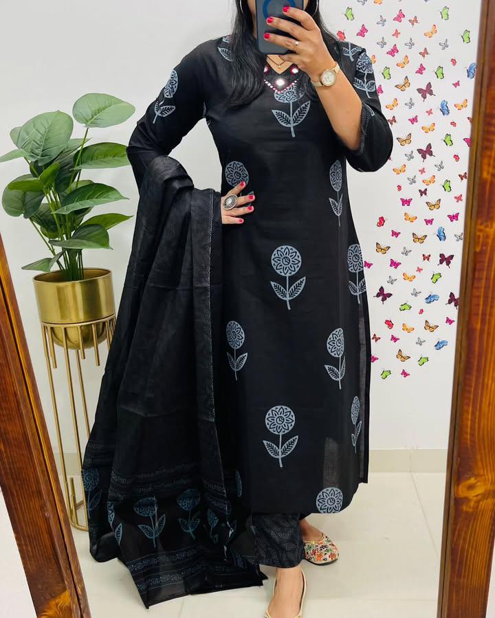 Elegance Black Cotton Embroidered Suit Set