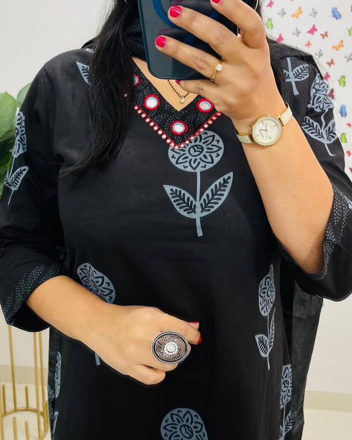 Elegance Black Cotton Embroidered Suit Set