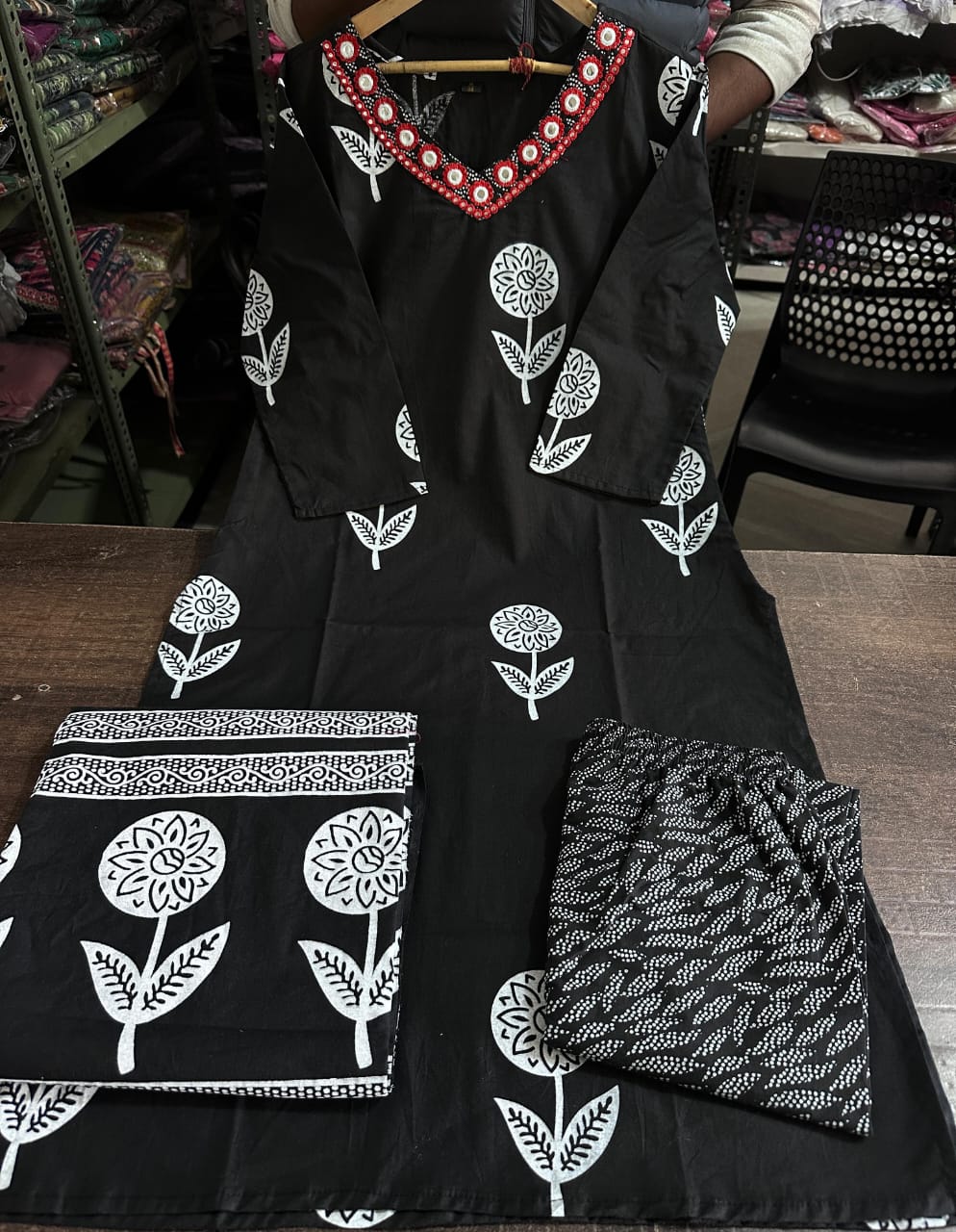 Elegance Black Cotton Embroidered Suit Set
