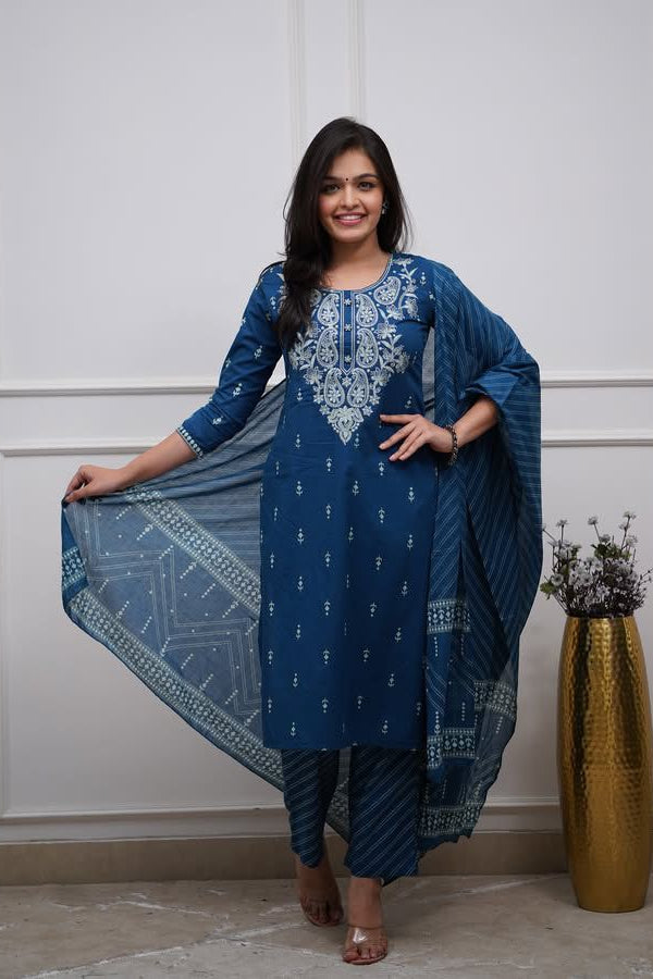 Royal Bloom Embroidered Cotton Suit Set