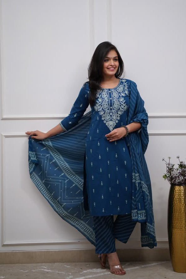 Royal Bloom Embroidered Cotton Suit Set