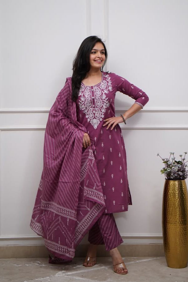 Royal Bloom Embroidered Cotton Suit Set