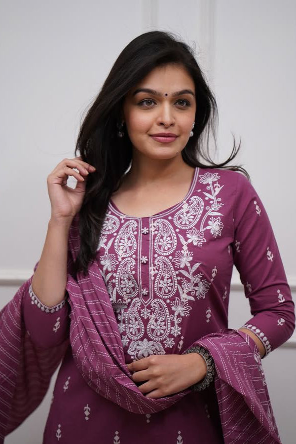 Royal Bloom Embroidered Cotton Suit Set