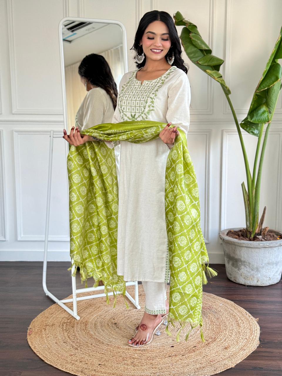 Ivory Essence Embroidered Cotton Silk Set