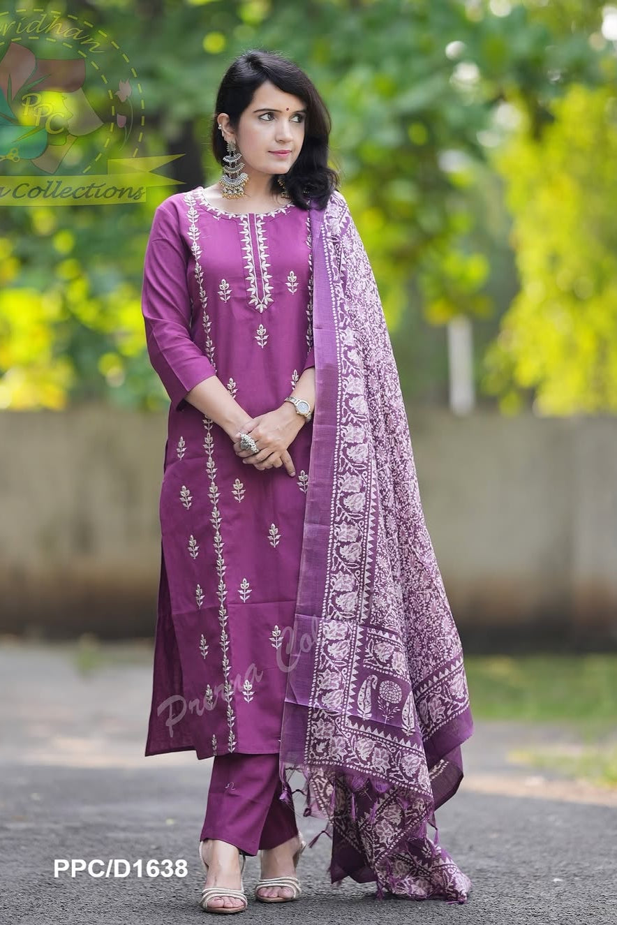 Festive Charm Embroidered Cotton & Khadi Silk Suit Set