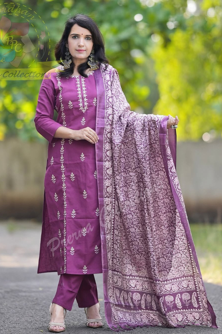Festive Charm Embroidered Cotton & Khadi Silk Suit Set