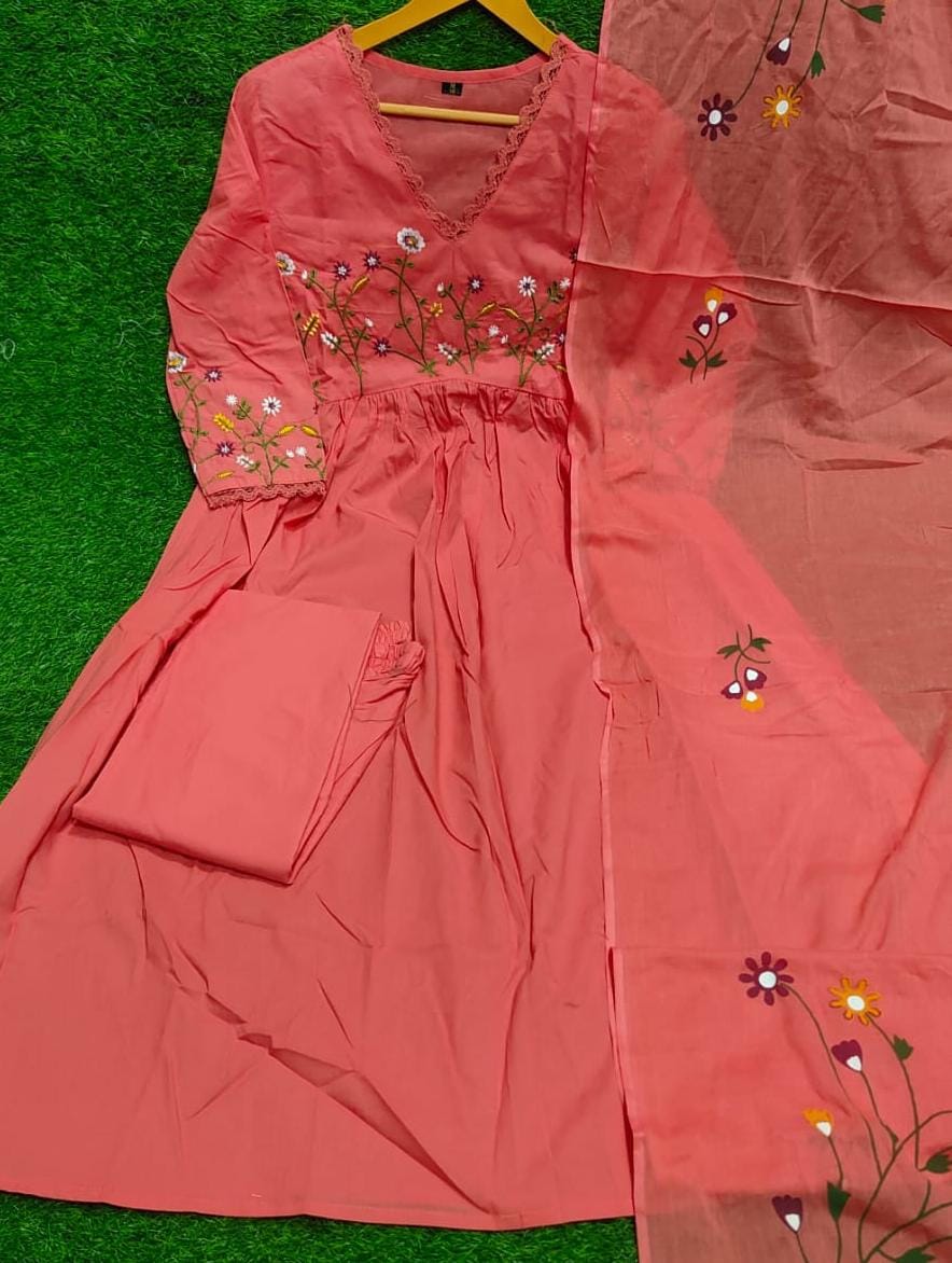 Beautiful Neck Line Embroidery Cotton Kurta Set