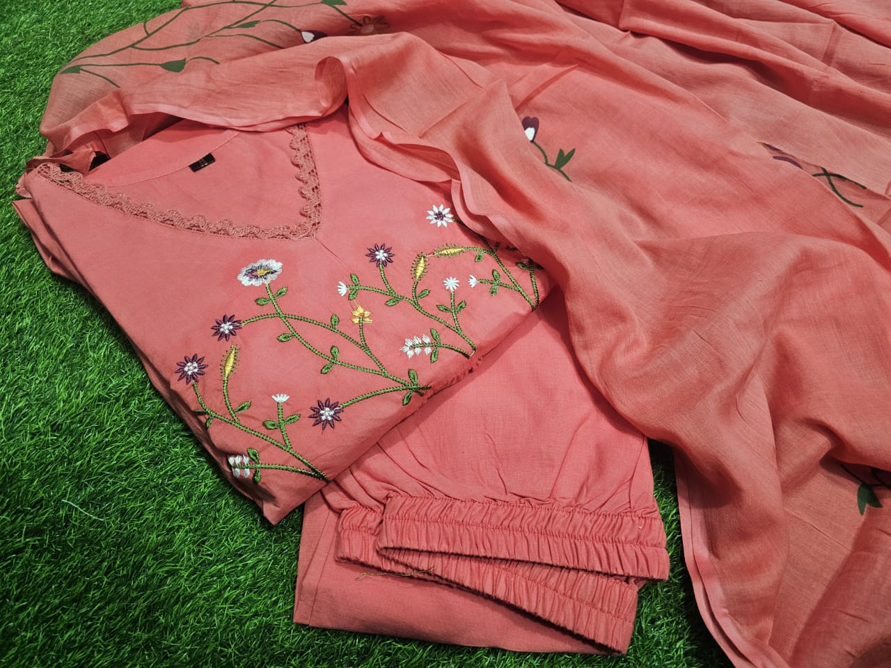 Beautiful Neck Line Embroidery Cotton Kurta Set