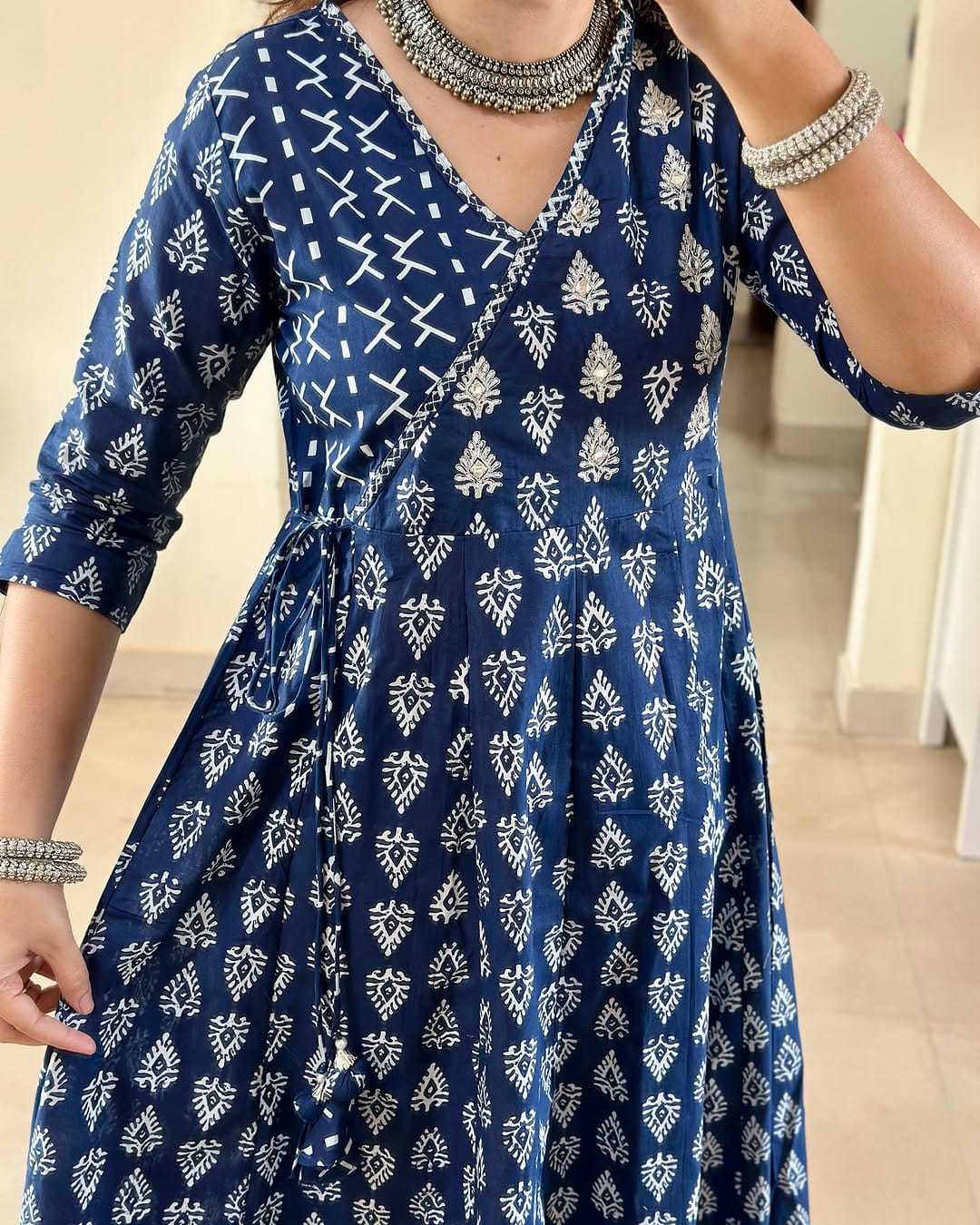 Cotton Sanganeri Print Angrakha Suit Set