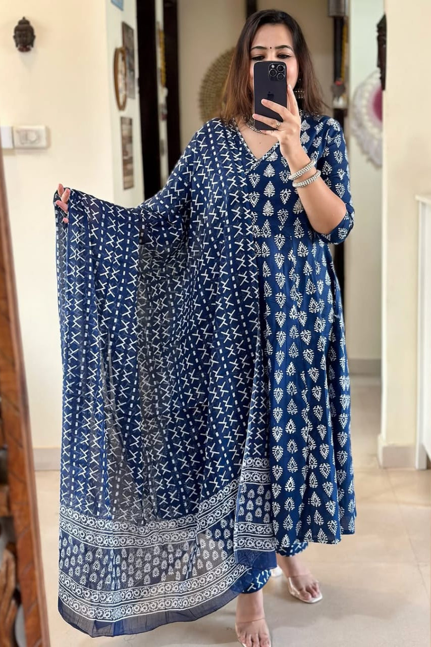 Cotton Sanganeri Print Angrakha Suit Set