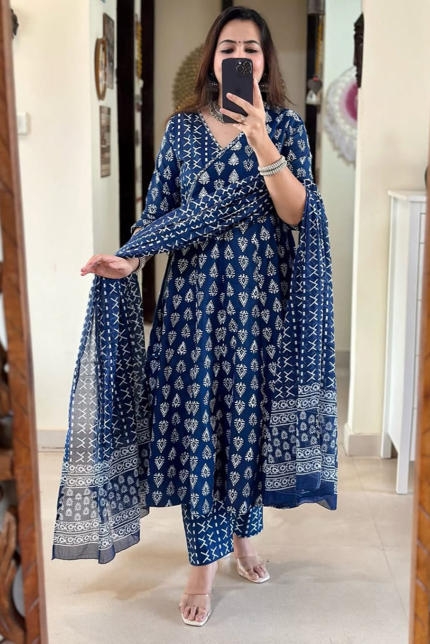 Cotton Sanganeri Print Angrakha Suit Set