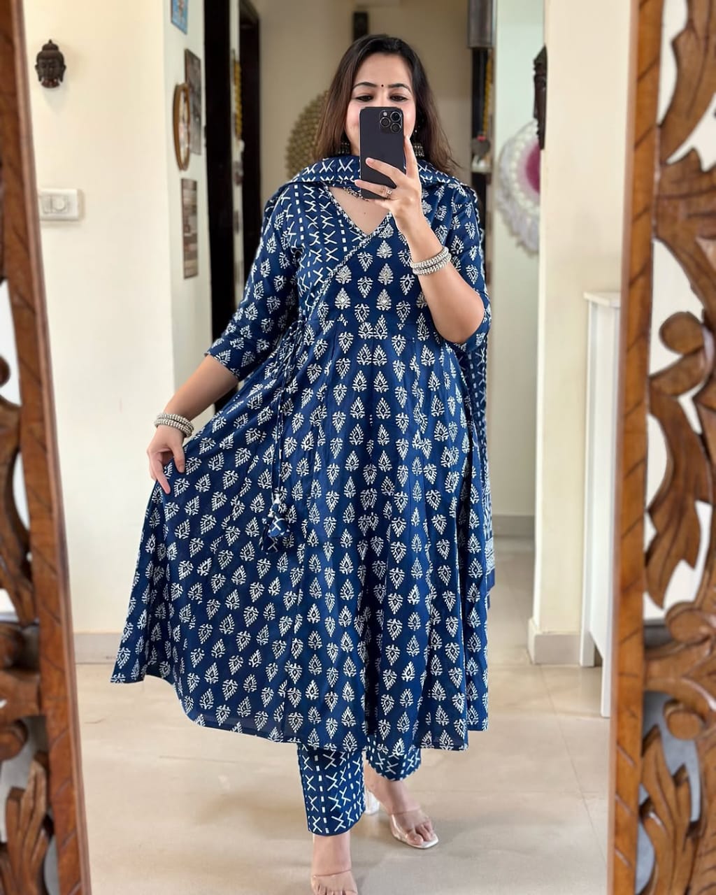 Cotton Sanganeri Print Angrakha Suit Set