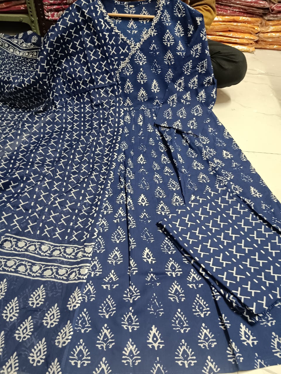 Cotton Sanganeri Print Angrakha Suit Set