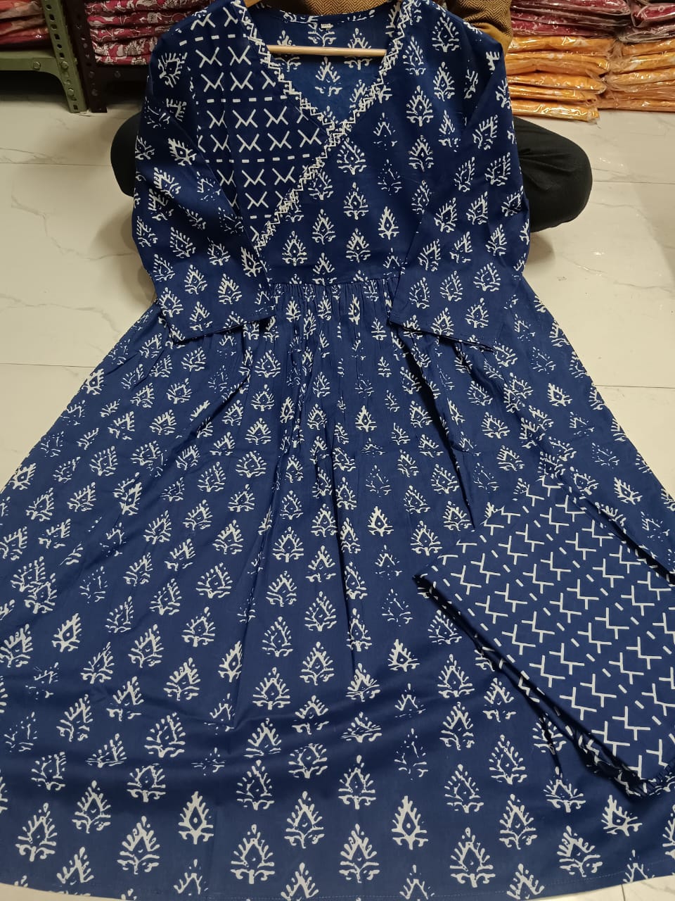 Cotton Sanganeri Print Angrakha Suit Set