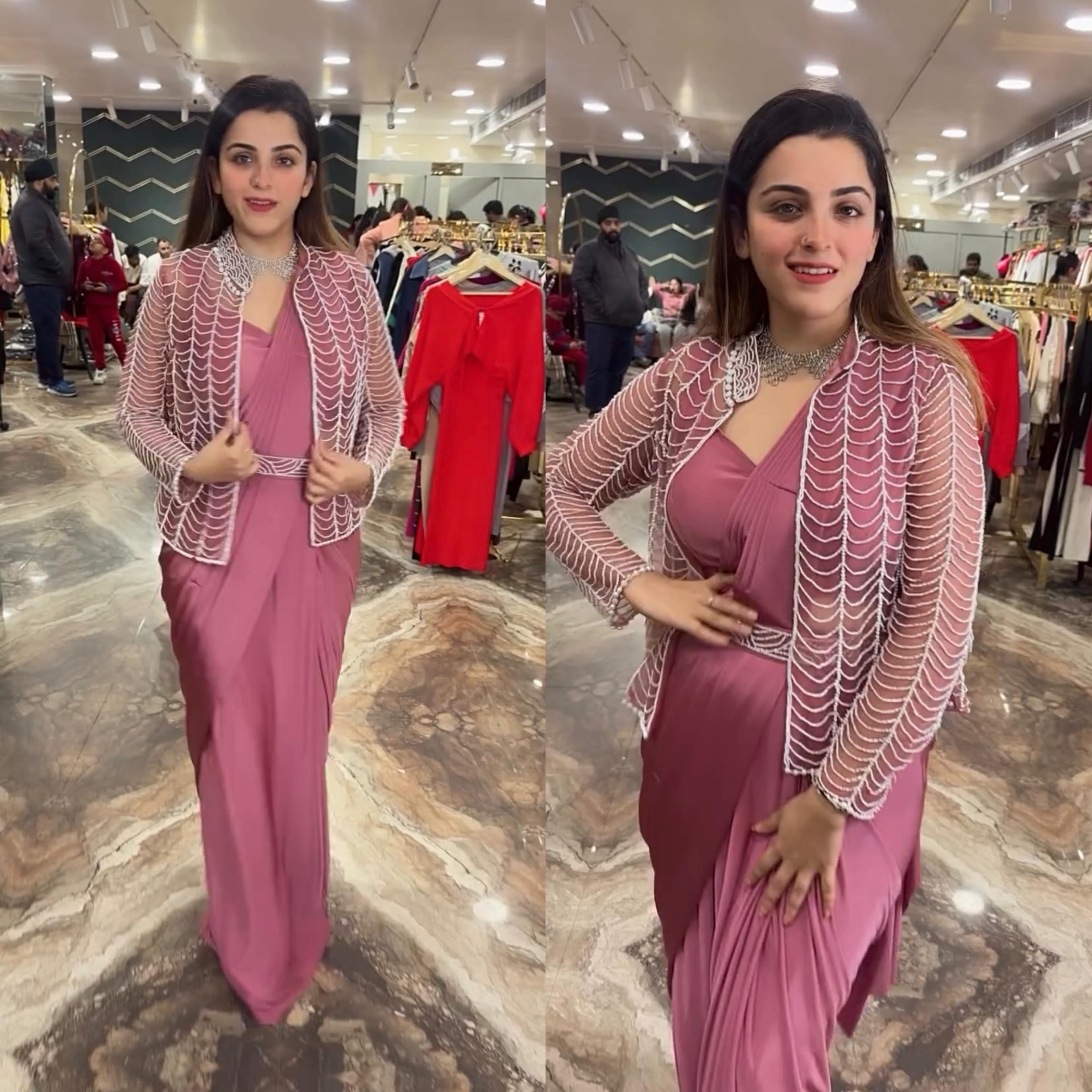 Indo-Western Ready-to-Wear Saree with Hand-Embroidered Moti Work