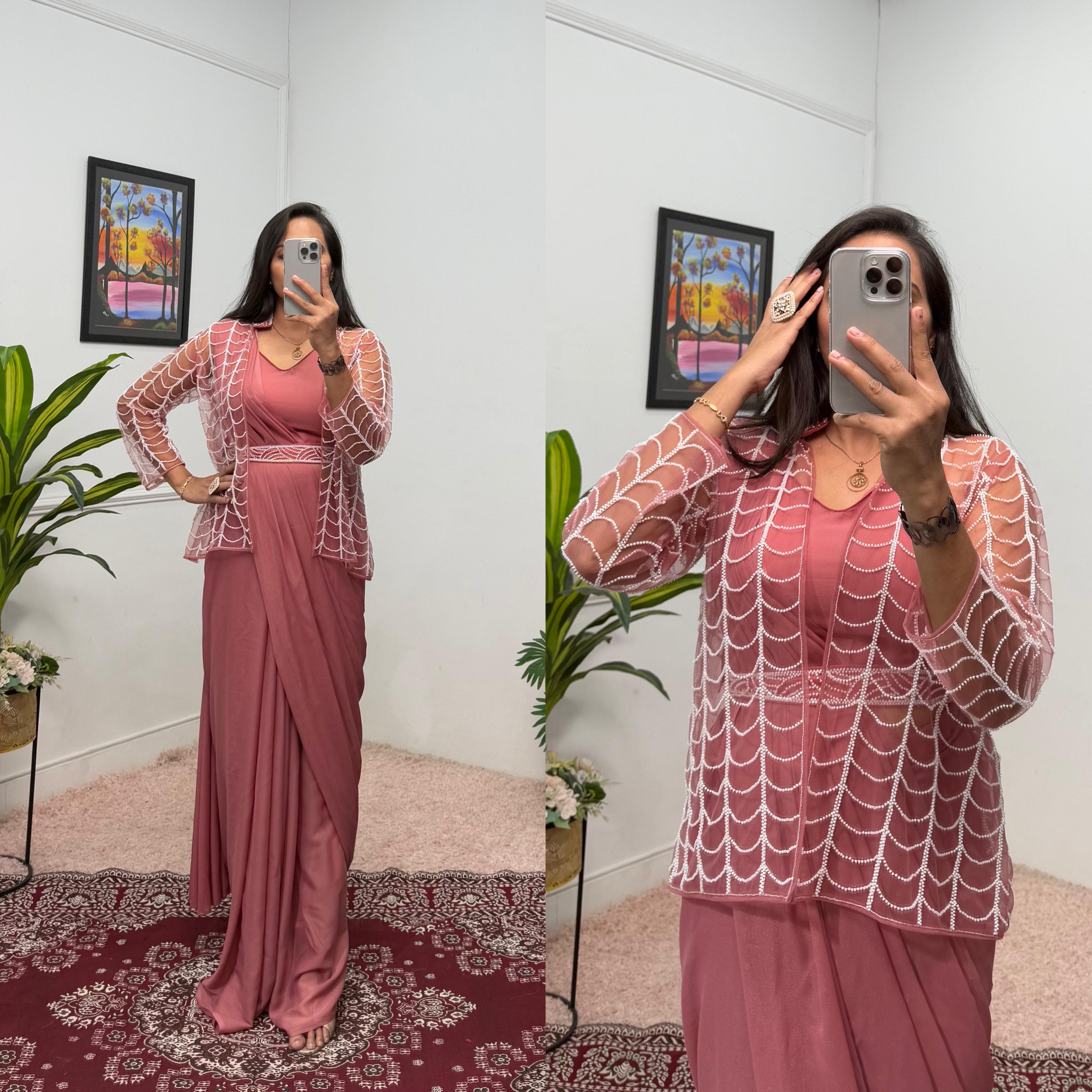 Indo-Western Ready-to-Wear Saree with Hand-Embroidered Moti Work