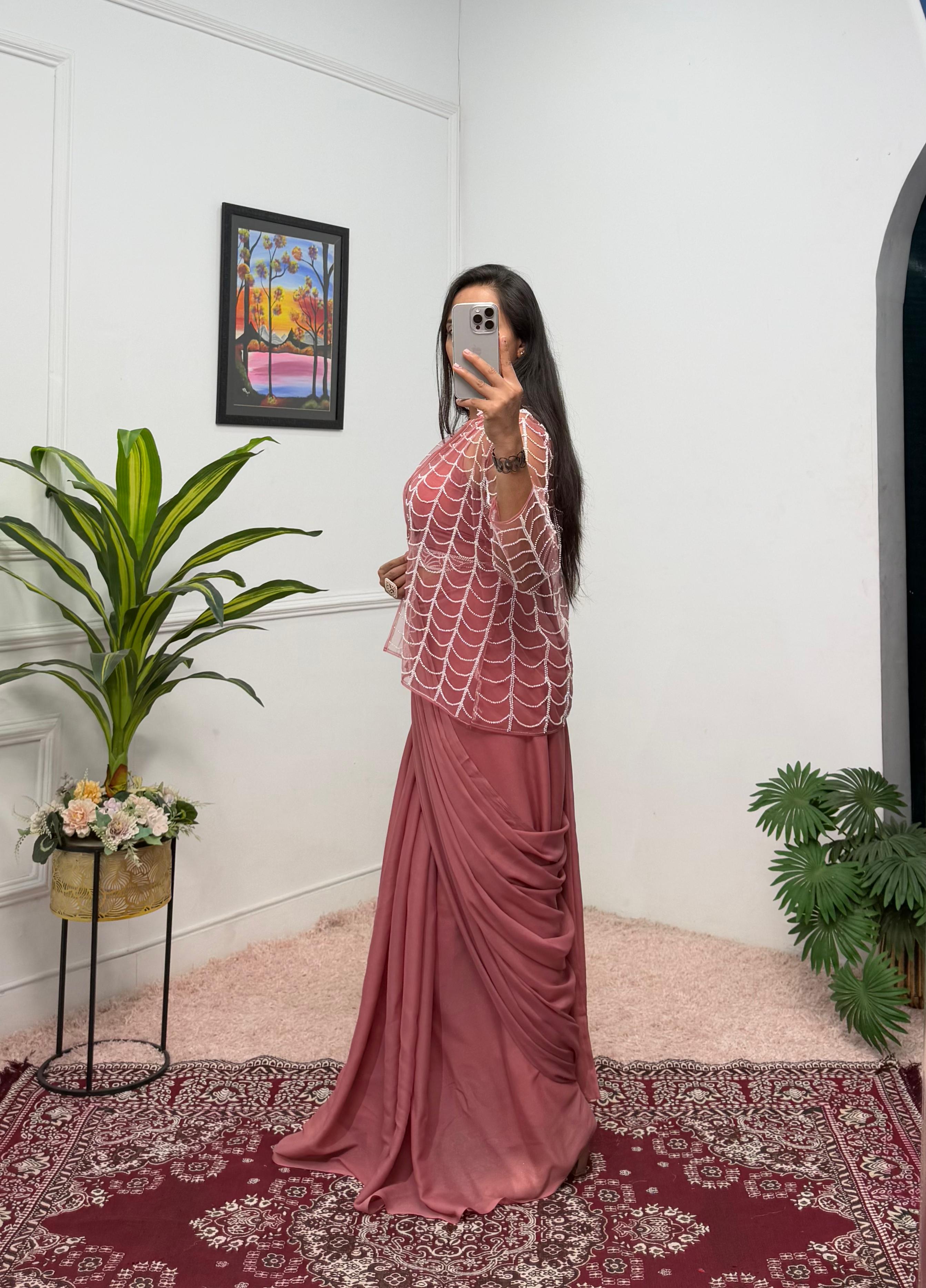 Indo-Western Ready-to-Wear Saree with Hand-Embroidered Moti Work