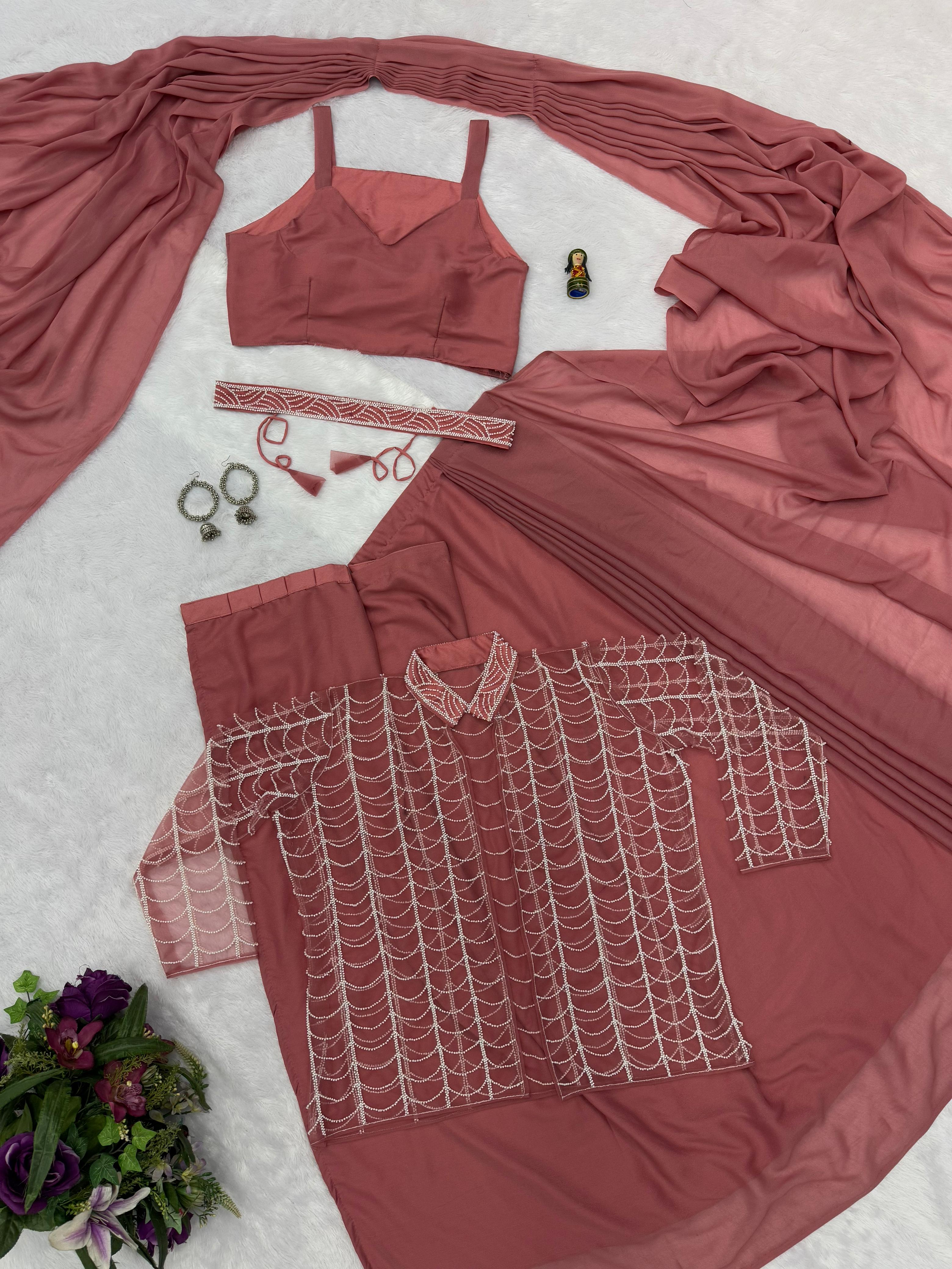 Indo-Western Ready-to-Wear Saree with Hand-Embroidered Moti Work