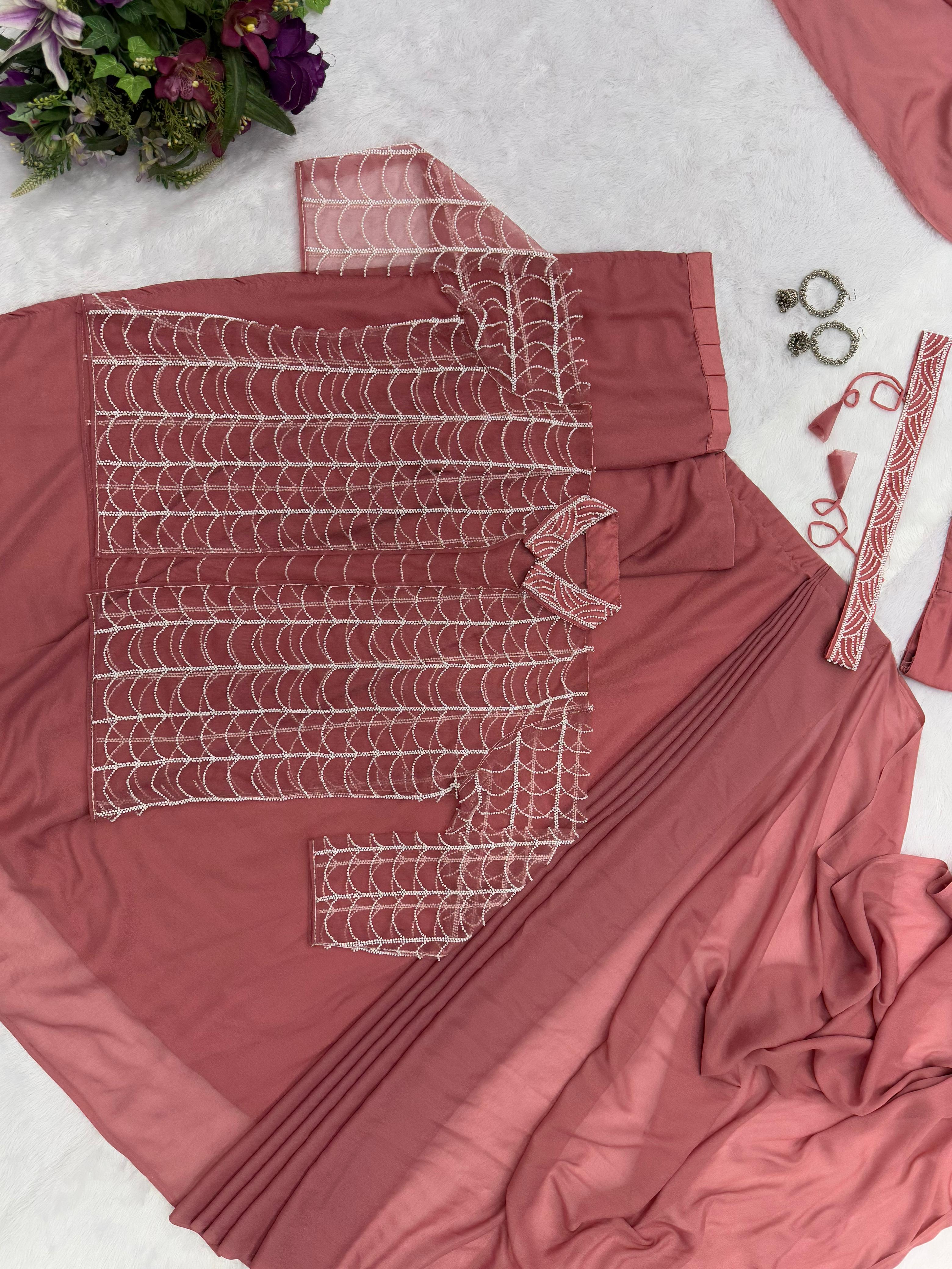 Indo-Western Ready-to-Wear Saree with Hand-Embroidered Moti Work