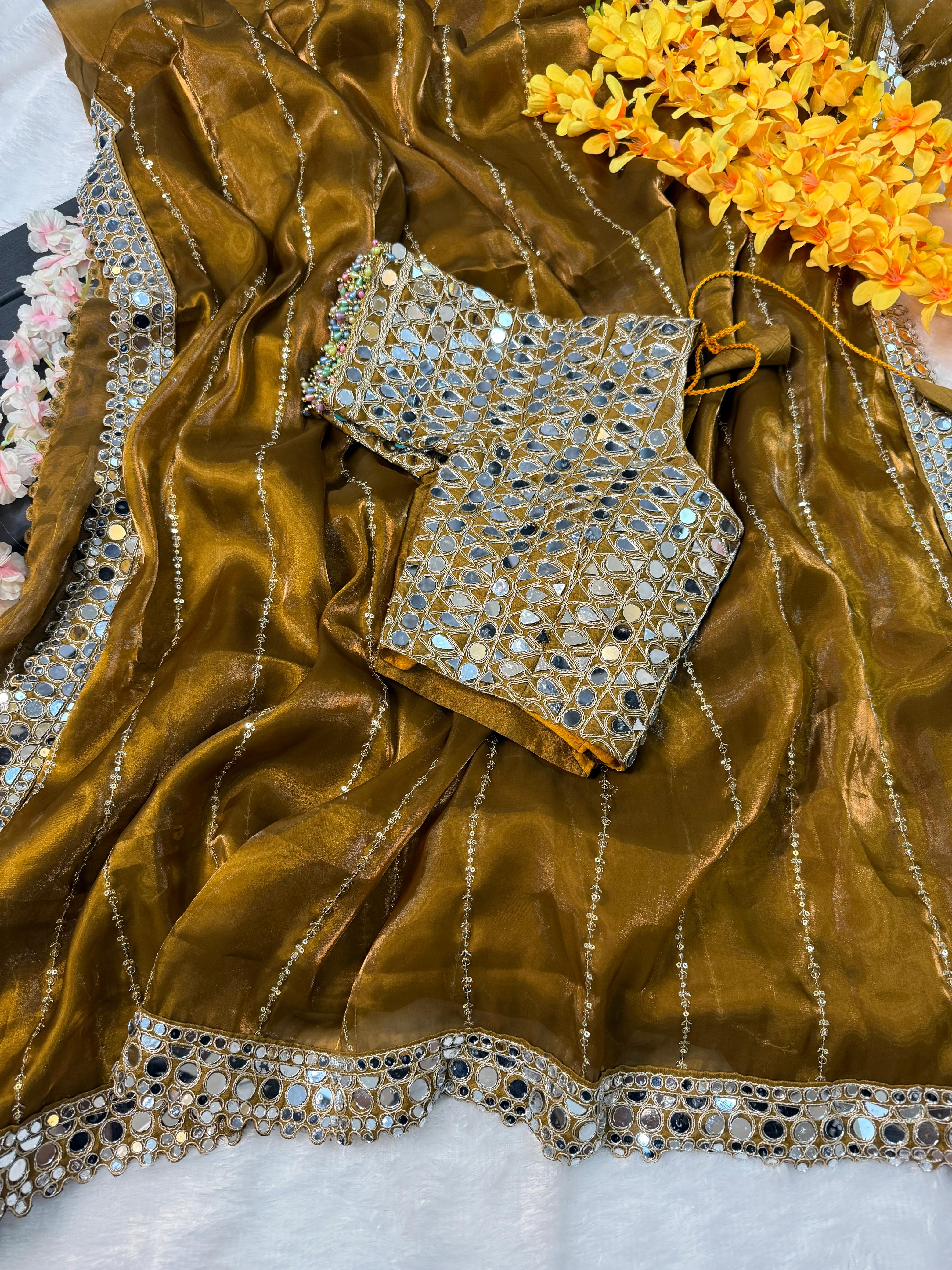 Soft Satin Organza Saree with Real Mirror Work Embroidery Blouse