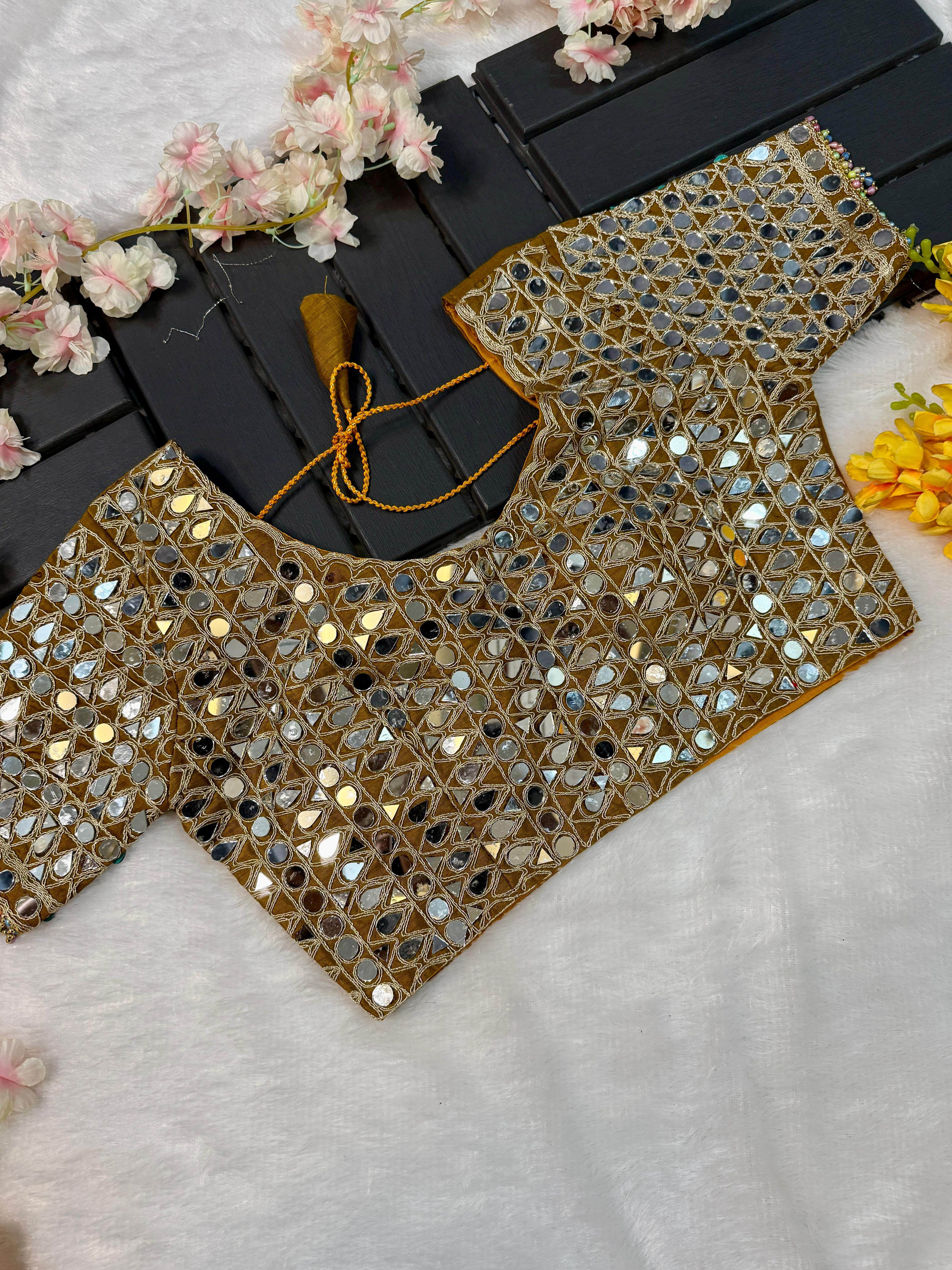 Soft Satin Organza Saree with Real Mirror Work Embroidery Blouse