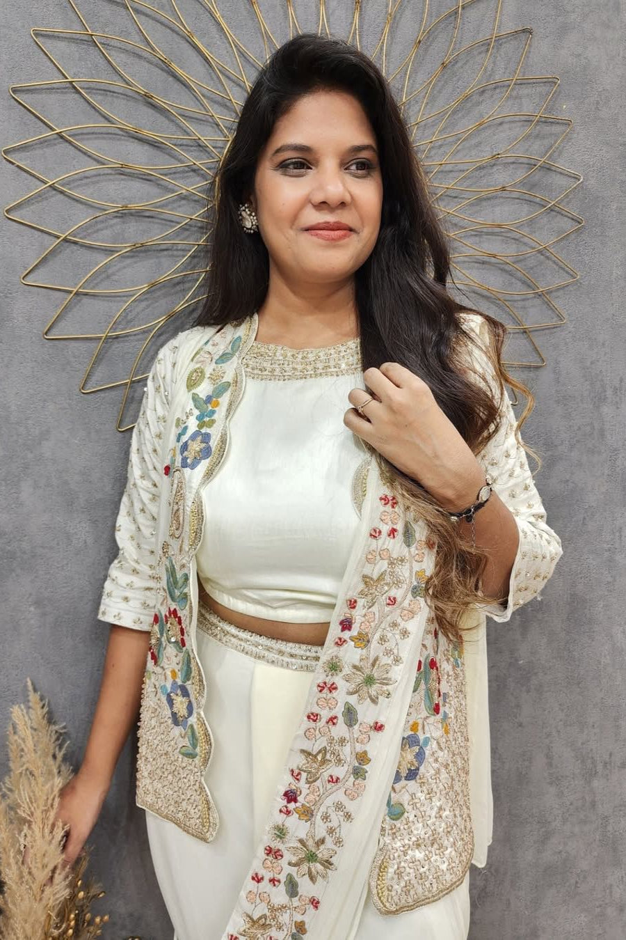 White Embroidered Koti with Chinon Sharara Saree Set