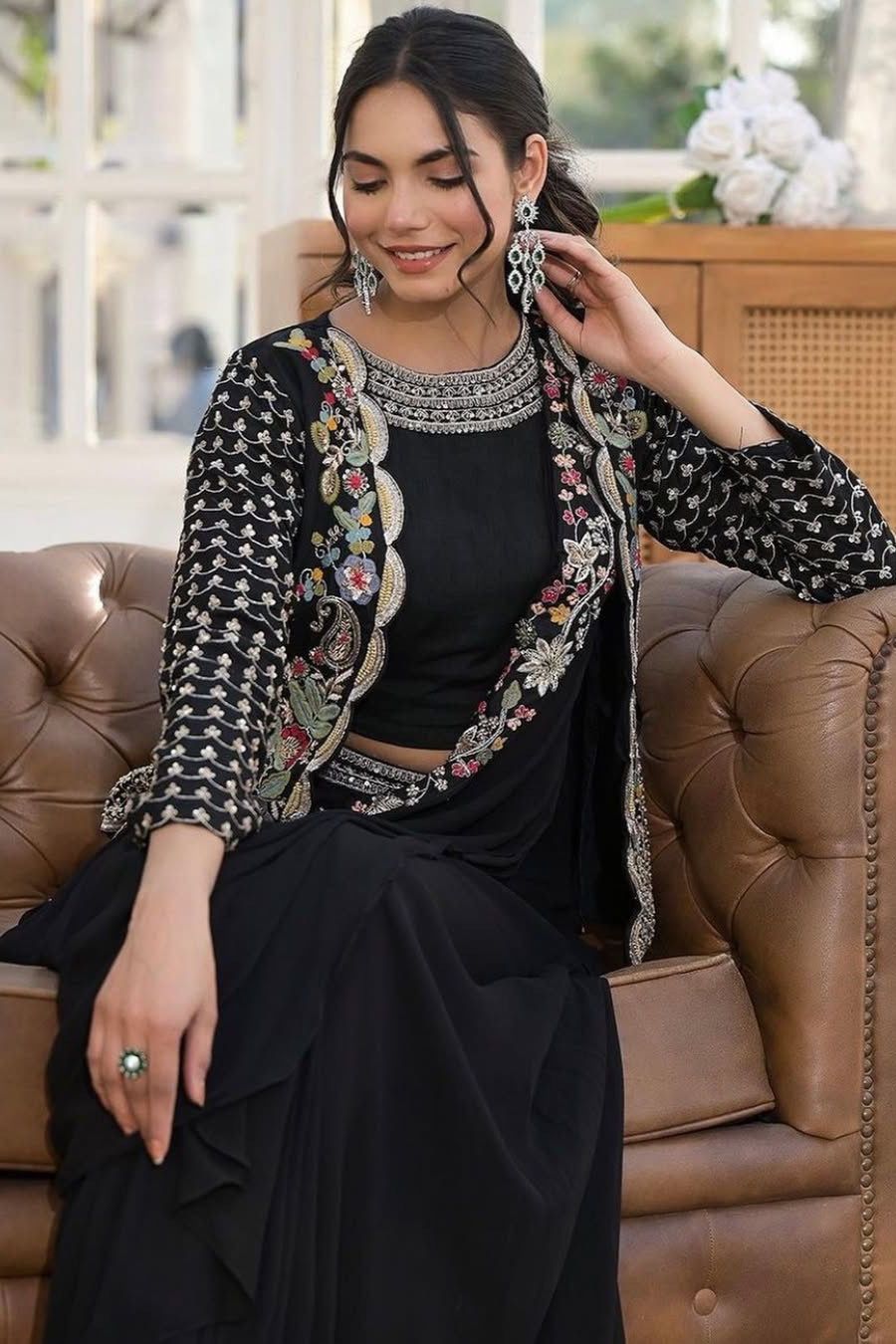 Black Embroidered Koti with Chinon Sharara Saree Set