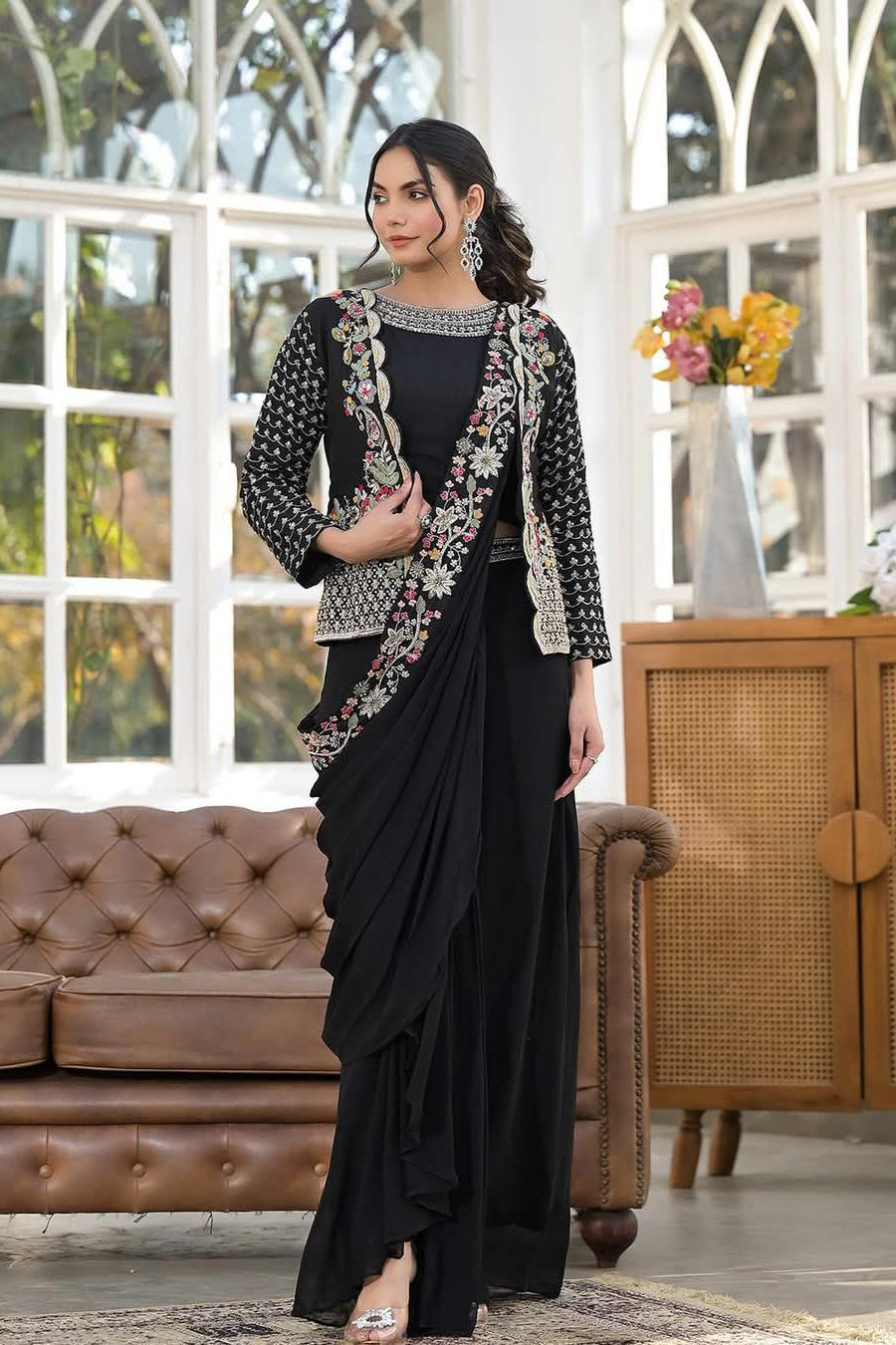 Black Embroidered Koti with Chinon Sharara Saree Set