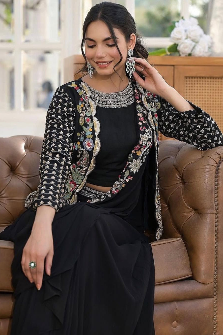 Beautiful Black Heavy Chinon Embroidered Sharara Set