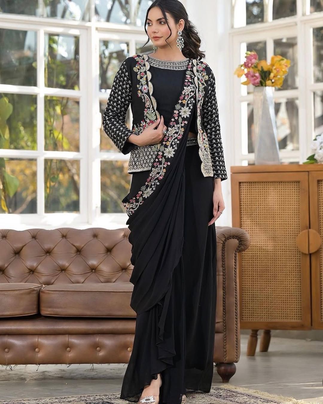 Black Embroidered Koti with Chinon Sharara Saree Set