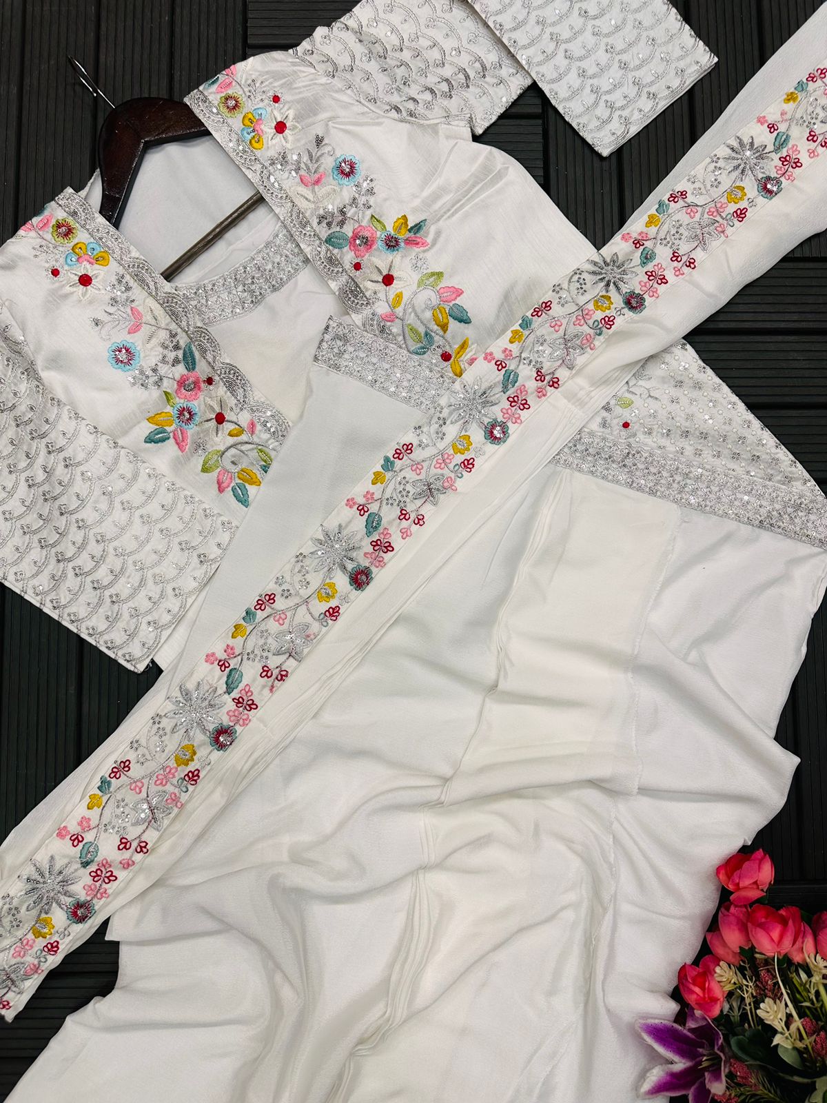 White Embroidered Koti with Chinon Sharara Saree Set