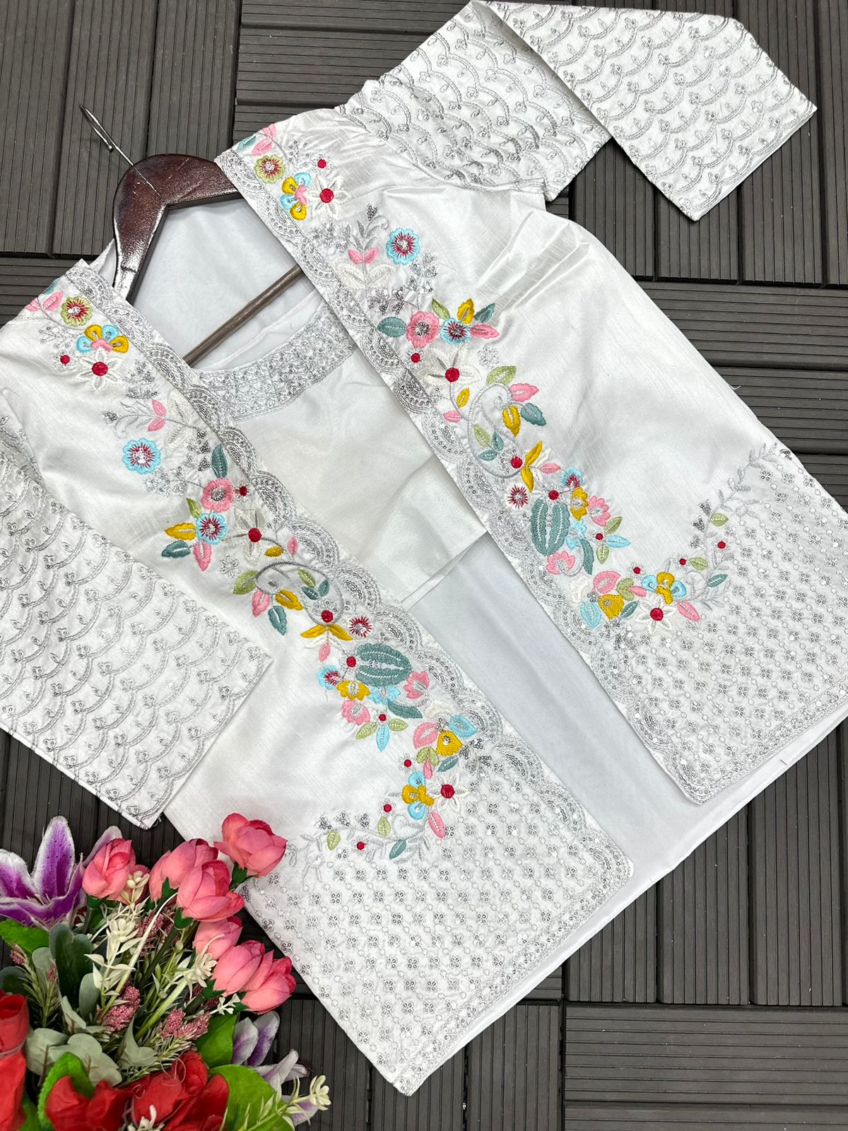 White Embroidered Koti with Chinon Sharara Saree Set