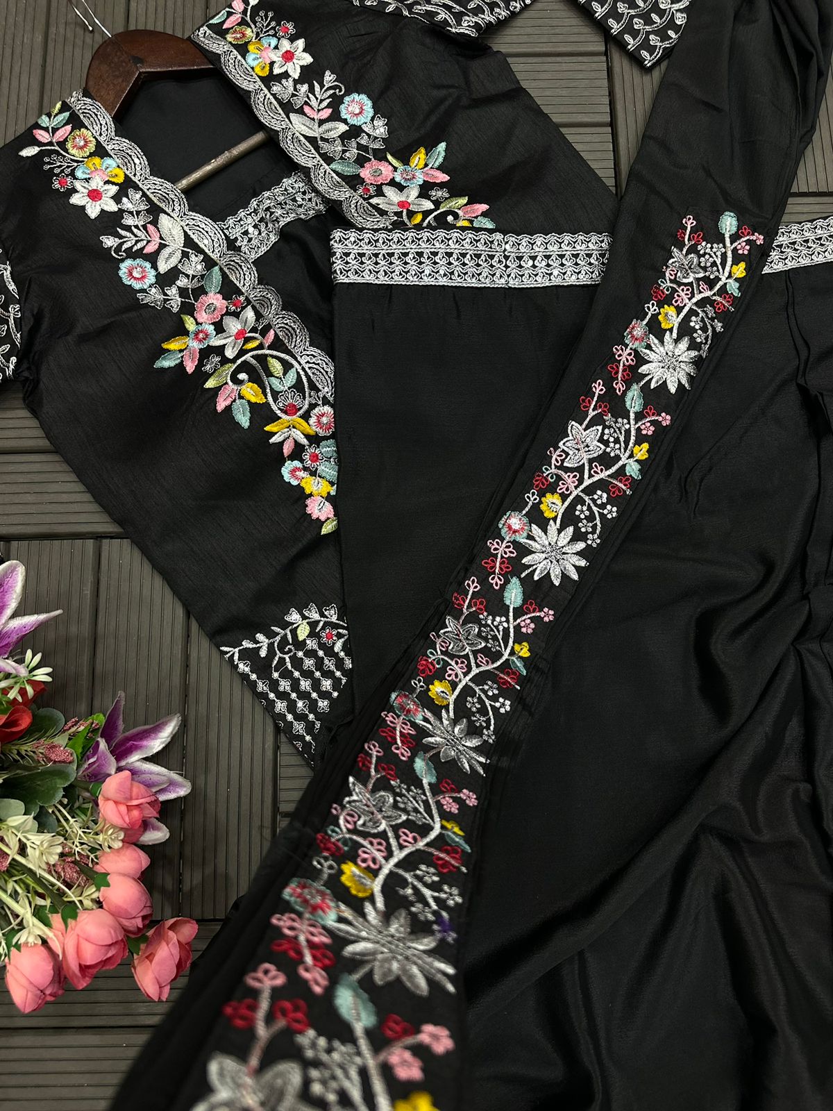 Black Embroidered Koti with Chinon Sharara Saree Set