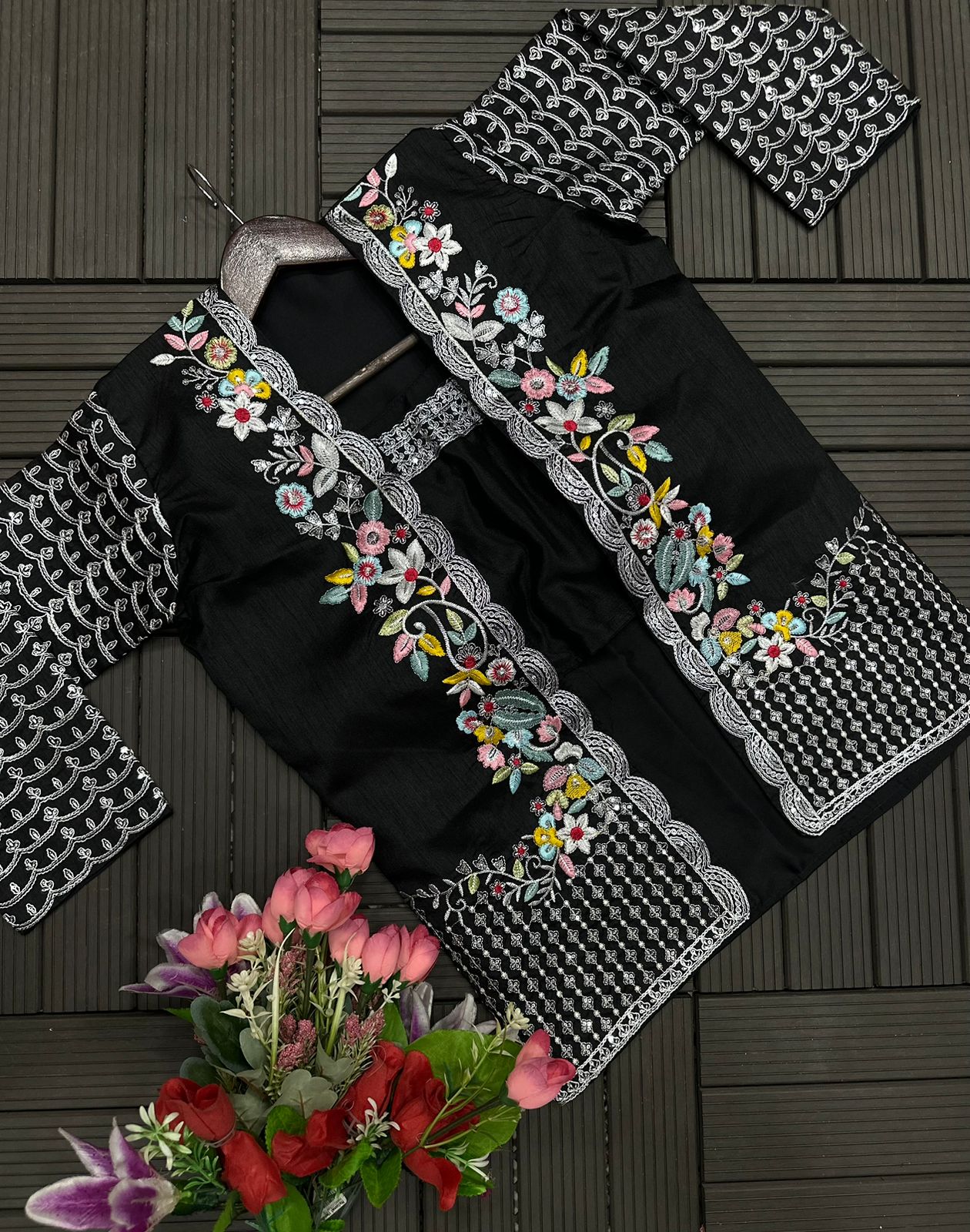 Black Embroidered Koti with Chinon Sharara Saree Set